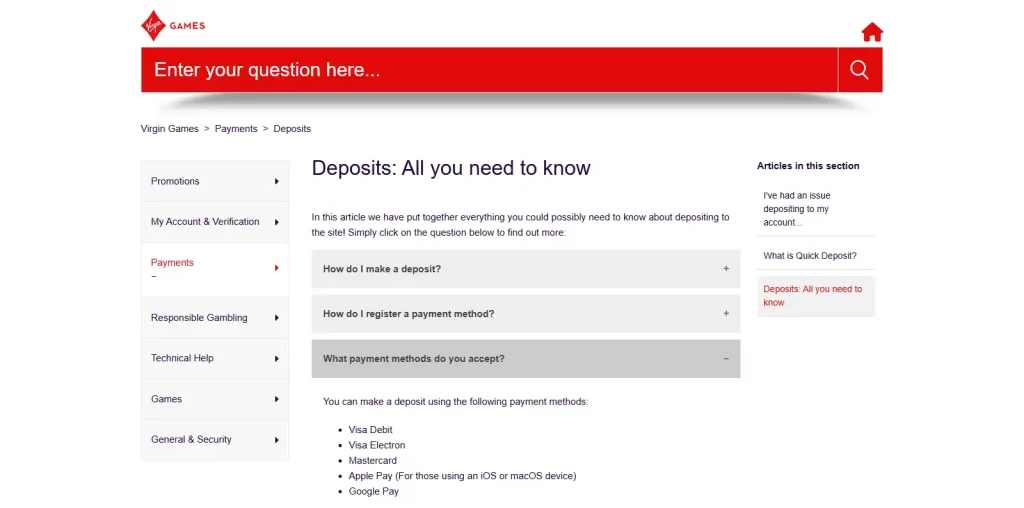 Current Virgin Games deposit help page showing accepted payment methods and payment limits