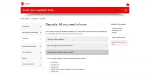 Current Virgin Games deposit help page showing accepted payment methods and payment limits