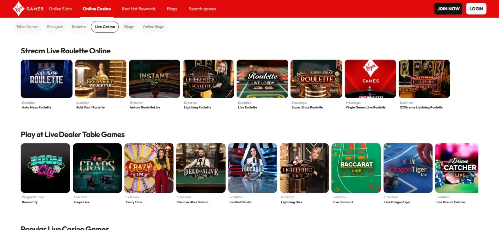 Current Virgin Games live casino lobby showing live blackjack, roulette and hosted live table categories