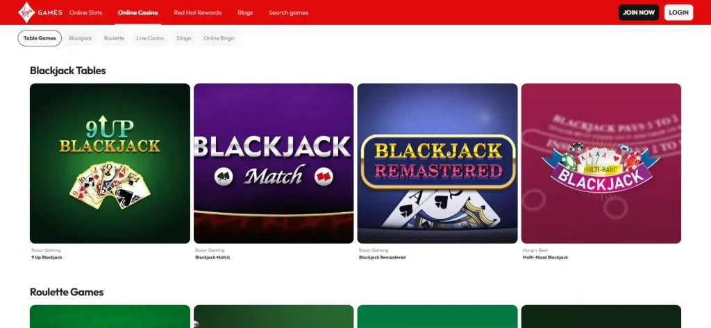 Current Virgin Games online casino navigation showing slots, casino tables, live casino, Slingo and bingo categories