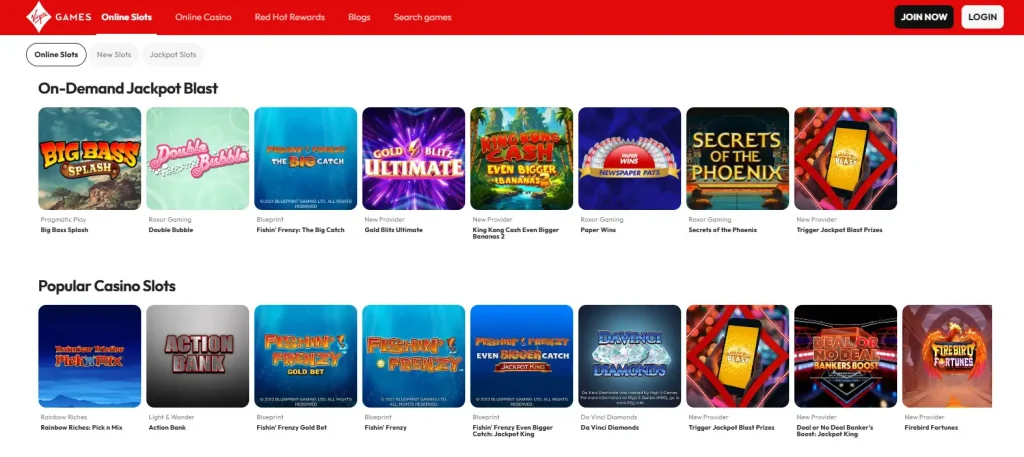 Current Virgin Games slots category showing its online slot library