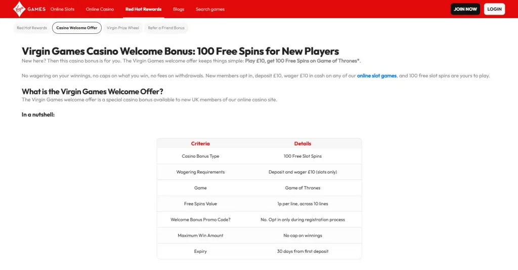 Current Virgin Games UK welcome offer page showing the Play £10, Get 100 Free Spins promotion