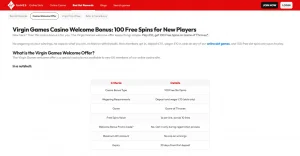 Current Virgin Games UK welcome offer page showing the Play £10, Get 100 Free Spins promotion