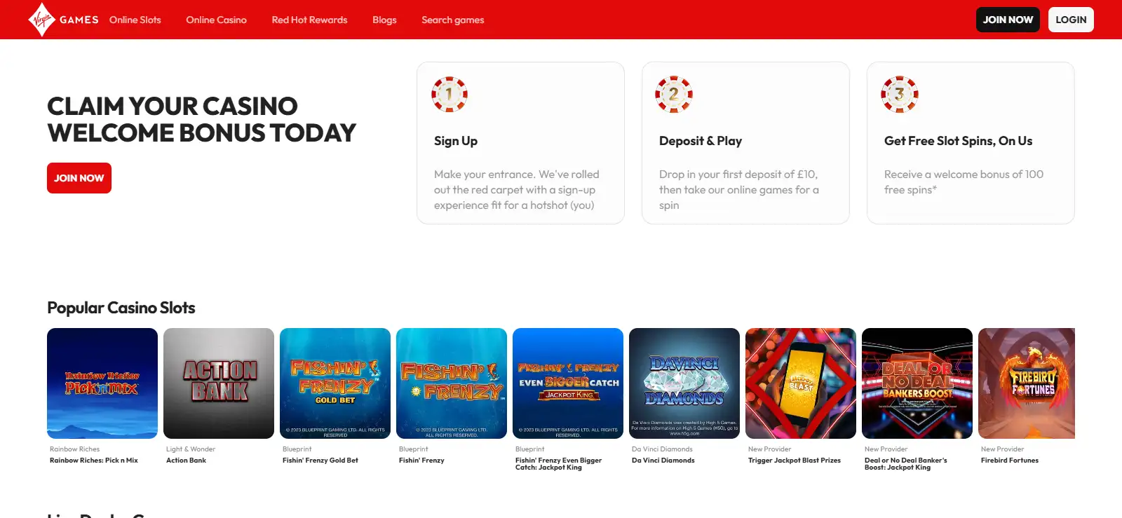 image of the current Virgin Games UK homepage or casino overview used to check offer and navigation details