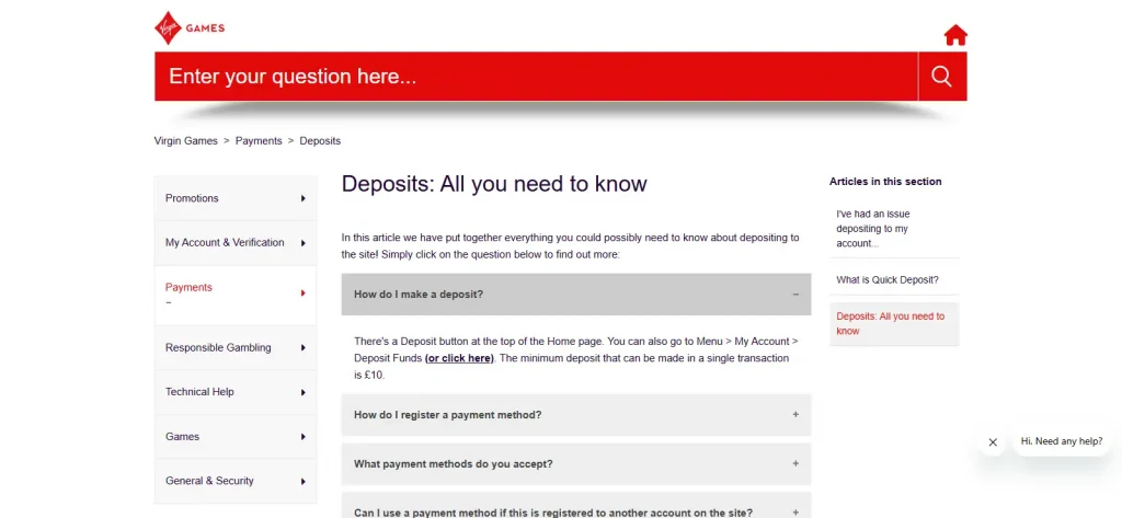 Official Virgin Games deposits help page showing accepted methods, £10 minimum and current transaction caps