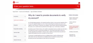 Official Virgin Games help guidance explaining account verification, age checks and UK residence checks