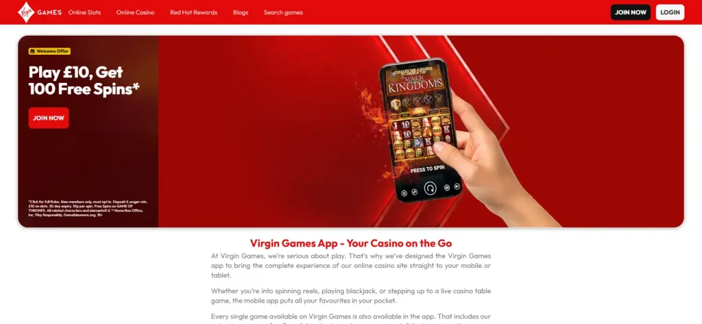 Official Virgin Games mobile app page showing iOS and Android download routes and the mobile casino experience