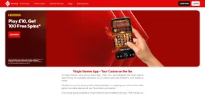 Official Virgin Games mobile app page showing iOS and Android download routes and the mobile casino experience