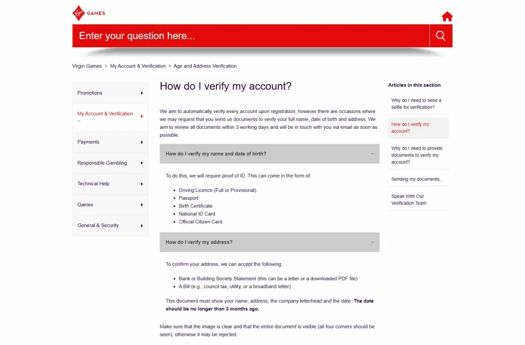 Official Virgin Games verification help article showing identity and address document examples and the stated review target