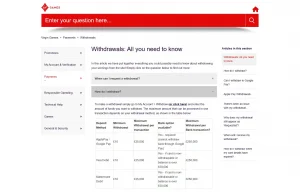Official Virgin Games withdrawals help page showing the £10 minimum, withdrawal limits and current payout timing table