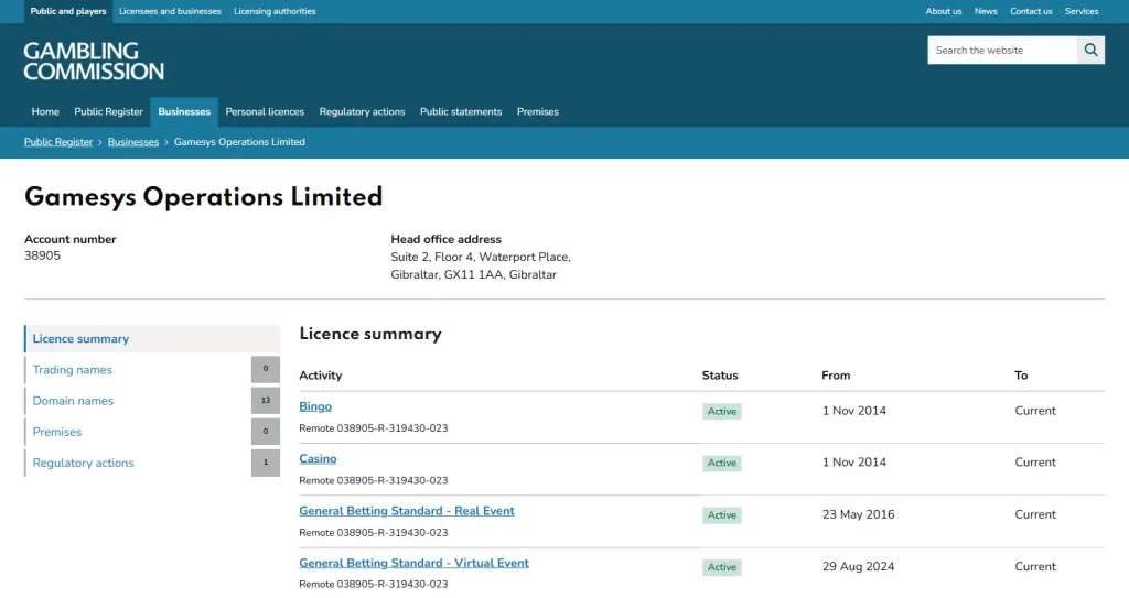 UK Gambling Commission public register summary for Gamesys Operations Limited account 38905