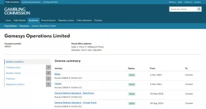 UK Gambling Commission public register summary for Gamesys Operations Limited account 38905