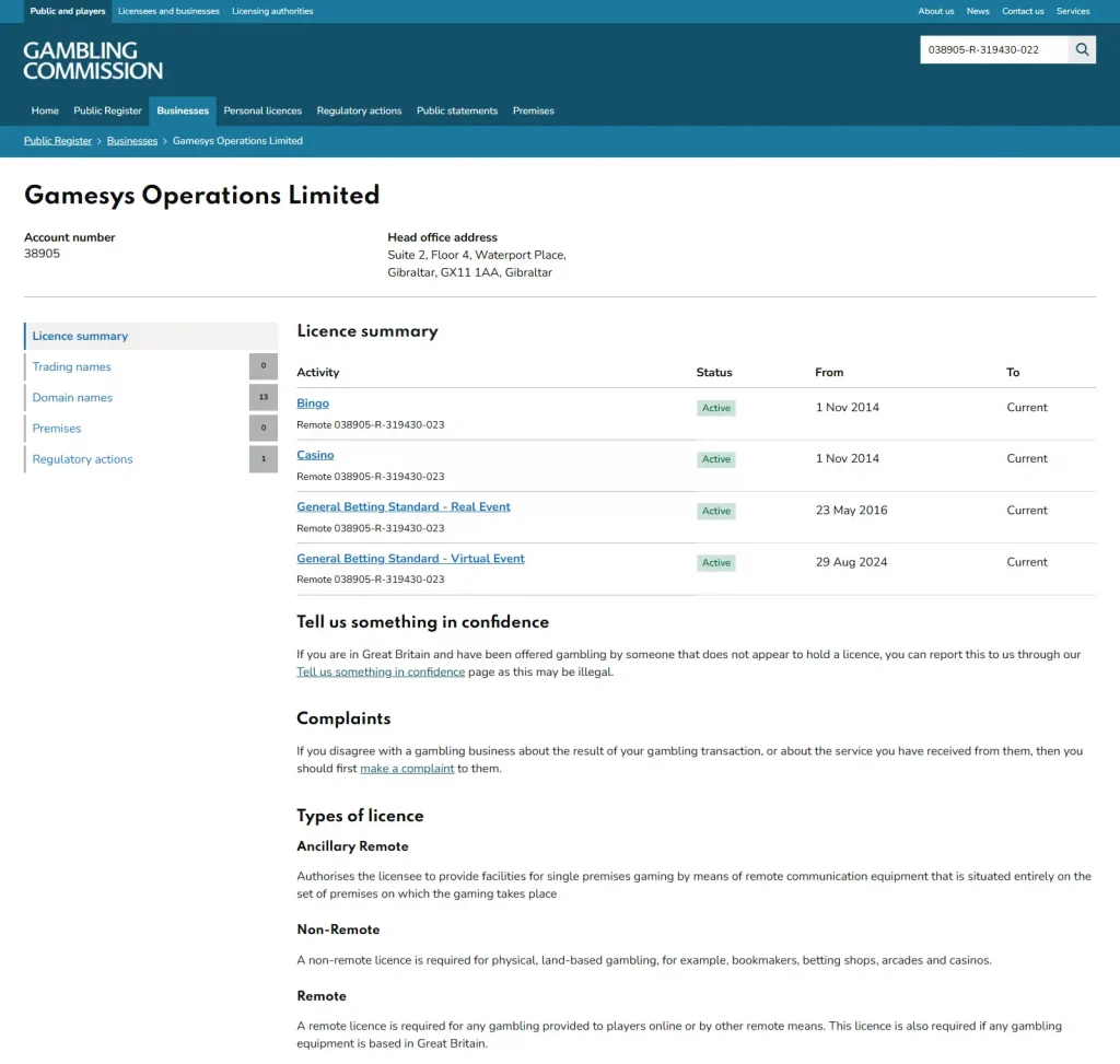 UKGC register showing Gamesys Operations Limited account 38905 and active Casino Remote licence